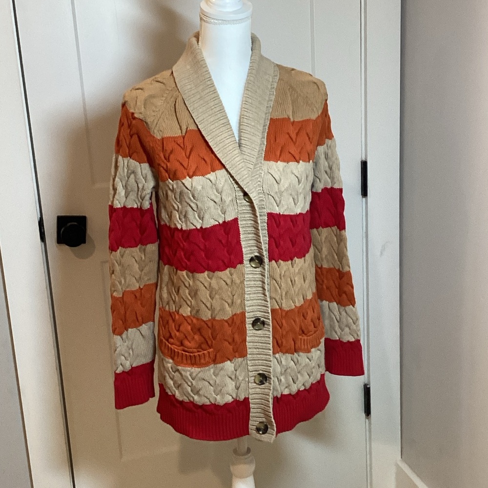 Lands' End Women's Red, Orange, and Cream Cardigan